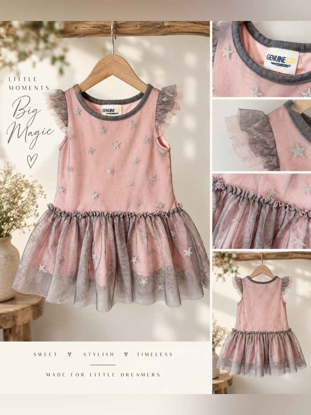 Genuine Kids from OshKosh Pink & Gray Star Tulle Dress – 18M